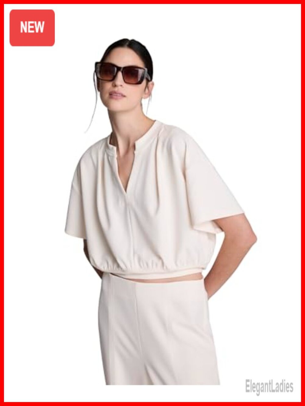 Womens V-Neck Short Sleeve Pleated Shoulder Blouse Business Casual Top